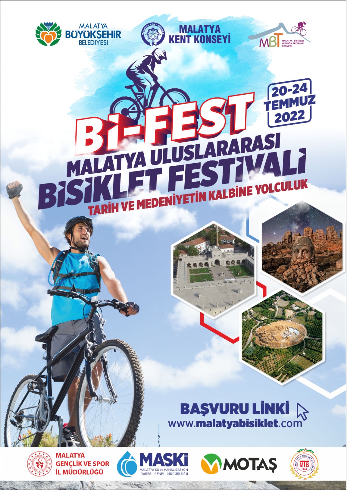 20-24 Temmuz 2022 Bi-Fest Malatya Uluslararası Bisiklet Festivali "Tarih ve Medeniyetin Kalbine Yolculuk" programı'mız yarın saat 18.30'da Kayısı Festivali kortej yürüyüşü ile başlıyor.